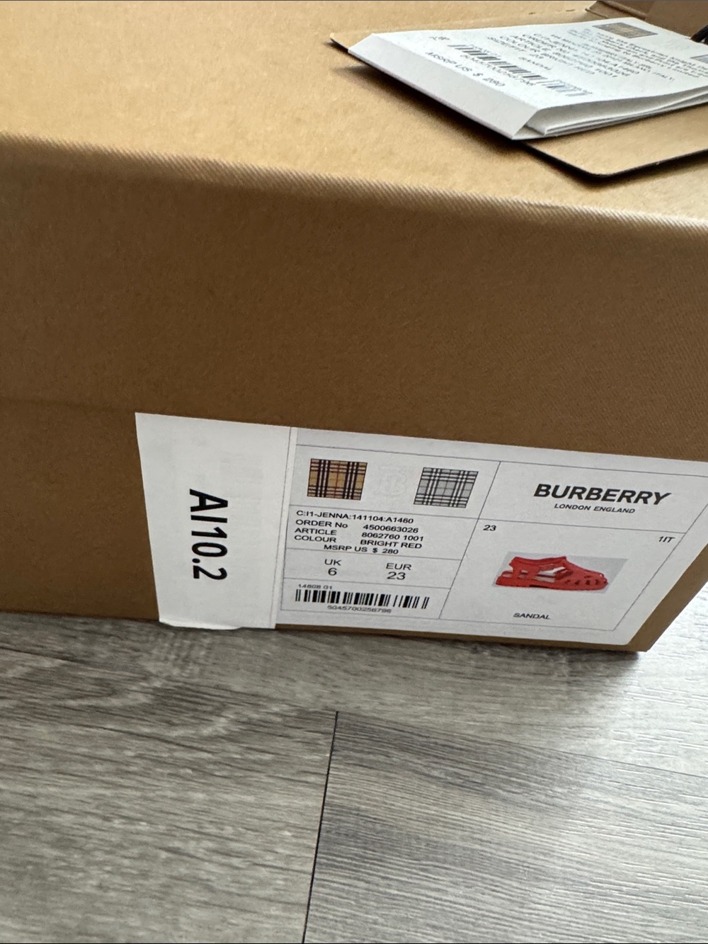 Burberry Red Kids Sandals with Signature Check Insole - Picture 5 of 5
